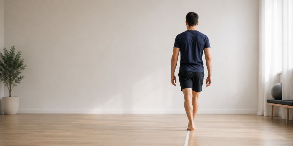 Fisioterapeuta evaluando el equilibrio de un paciente